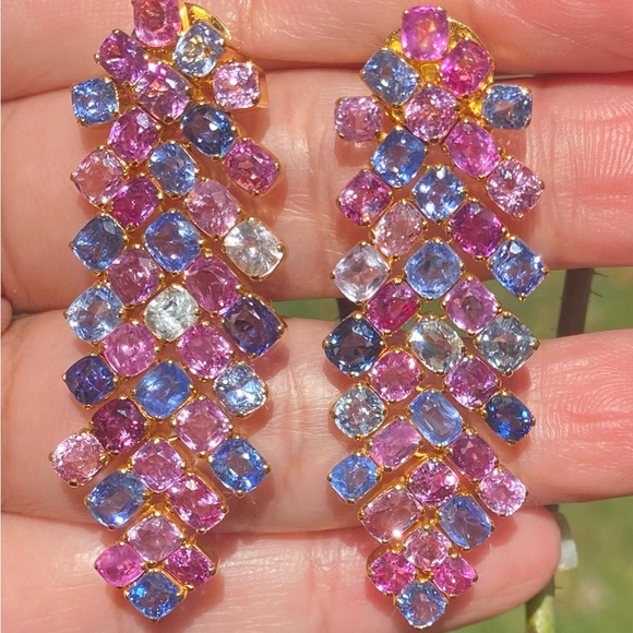 New Natural Colorful Sapphire Dangle Earrings in 18K Solid Gold ⭐️Heavy⭐️ - Picture 2 of 8